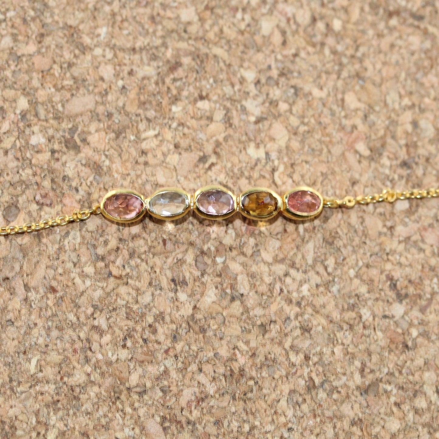 Dainty Multicolored Tourmaline Gemstone Golden Bracelet