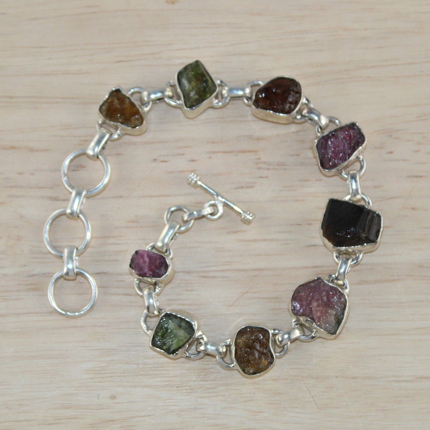 Multicolor Raw Tourmaline Gemstones Bracelet in Sterling Silver