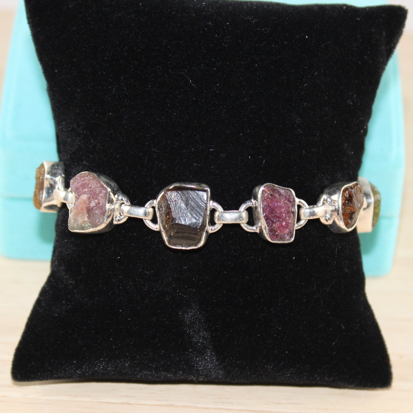 Multicolor Raw Tourmaline Gemstones Bracelet in Sterling Silver