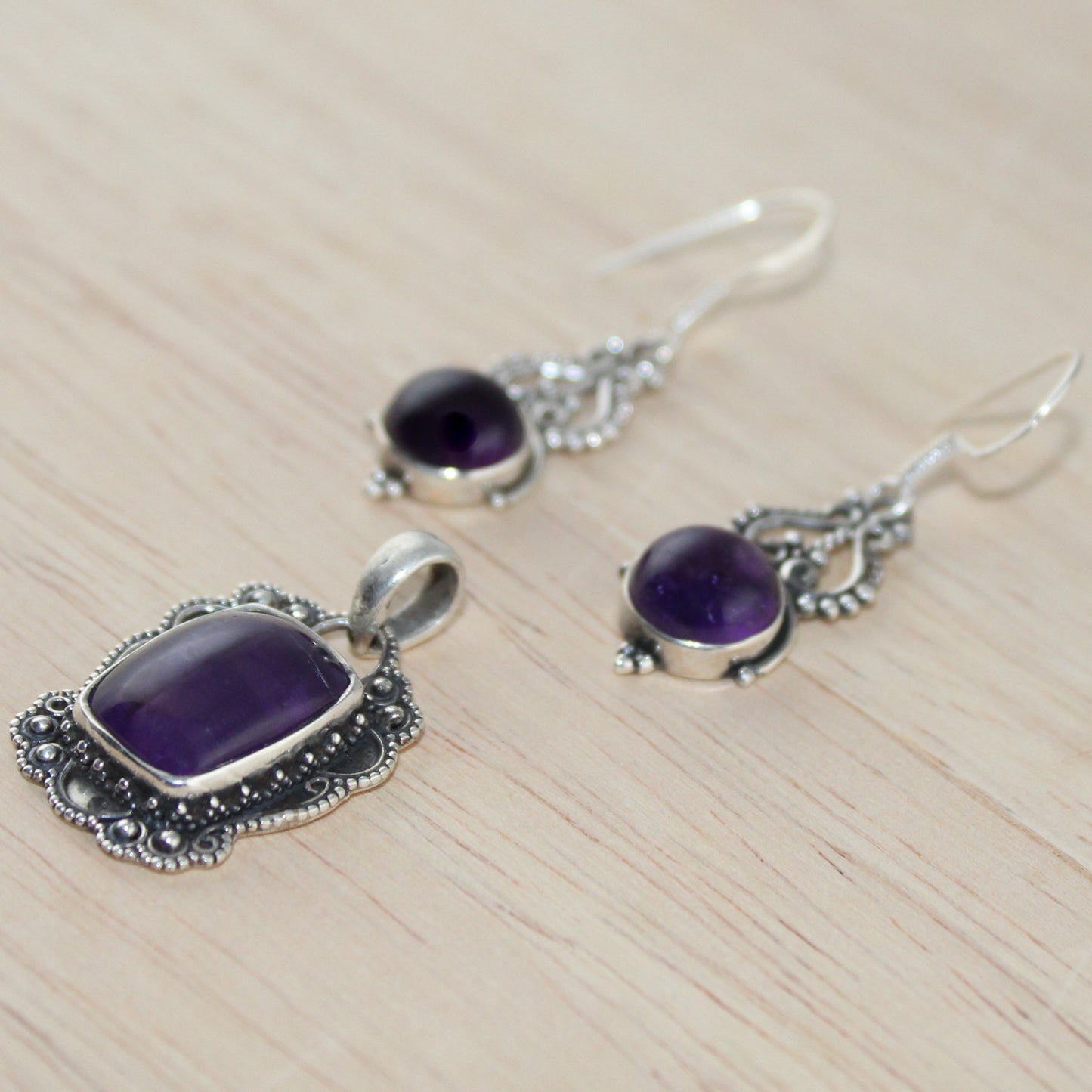 Boho Amethyst Pendant Set in 925 Sterling Silver