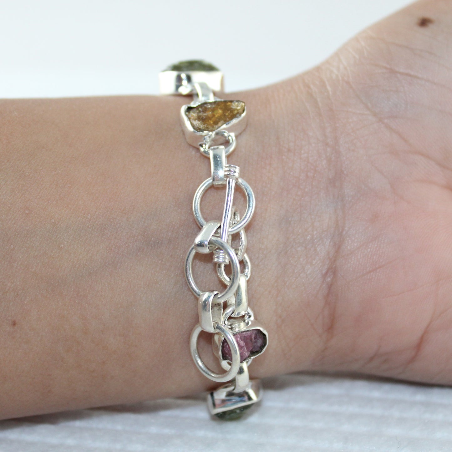 Multicolor Raw Tourmaline Gemstones Bracelet in Sterling Silver
