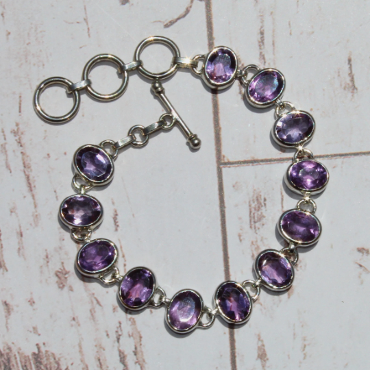 Handcrafted Amethyst Gemstone Bracelet in Sterling Silver