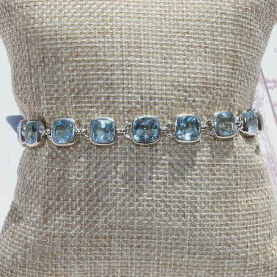 Elegant Sterling Silver Bracelet with Square Blue Topaz Gemstone