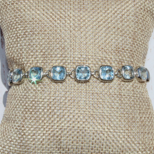 Elegant Sterling Silver Bracelet with Square Blue Topaz Gemstone